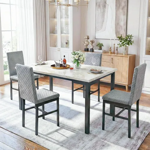 Miniatura 3 de Hooseng Juego de mesa de comedor para 4 mesas de comedor de 5 piezas de mármol sintético con 4 modernas sillas tapizadas de terciopelo para espacios