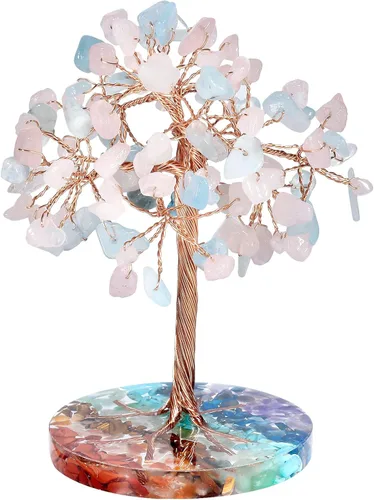 Miniatura 10 de rockcloud Árbol de dinero de alambre de cobre de cristal aguamarina con base redonda de resina colorida, árbol de piedra bonsái hecho a mano