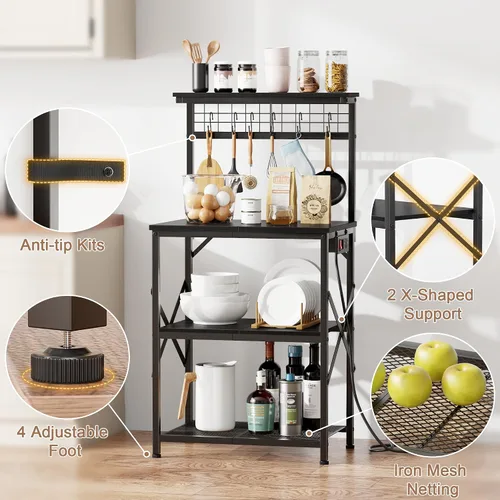 Miniatura 5 de Furologee Estante para hornear de cocina con toma de corriente, soporte para horno de microondas con almacenamiento de 4 niveles, mesa de café con 6