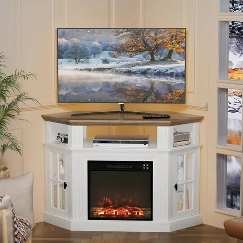 Furmax Soporte esquinero para TV con chimenea de hasta 55 pulgadas, consola moderna con chimenea eléctrica de 18 pulgadas, centro de entretenimiento