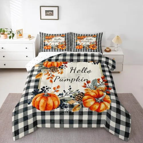 Miniatura 28 de Juego de edredón de calabaza de otoño tamaño individual para niños y niñas, juego de ropa de cama para niños, mujeres y hombres, ultra suave