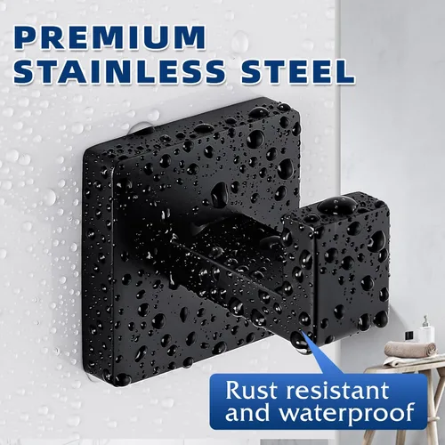 Miniatura 4 de Ganchos de toalla negros mate para baños, gancho moderno de acero inoxidable resistente montado en la pared, paquete de 4, ideal para colgar Negro