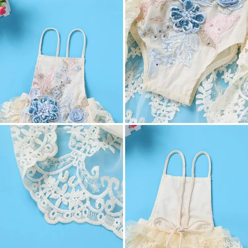 Miniatura 5 de Traje de primer cumpleaños para niña con volantes manga corta encaje floral vestido de tul diadema de corona sesión de fotos