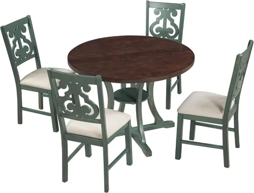 Miniatura 9 de Juego de mesa de comedor redonda clásica de 5 piezas con patas de forma especial y respaldo hueco para silla, para comedor, cocina, apartamento