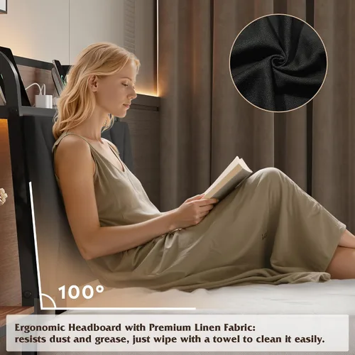 Miniatura 5 de WLIVE Base de cama individual con cabecero, base de cama tapizada con 2 estantes de almacenamiento, cama de plataforma con luces LED y estación