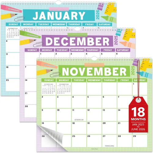 Hadley Designs Calendario de pared 2025-2026 – Calendario colgante de 18 meses 2025-2026 para familia, hogar, escuela y oficina, encuadernado en