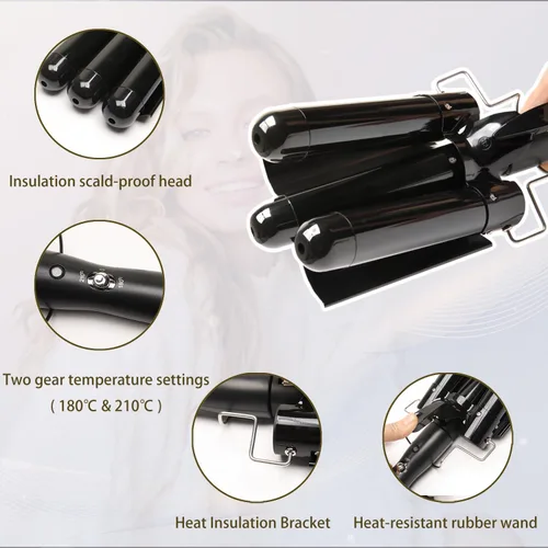 Miniatura 3 de Dopheuor - Plancha de pelo de 3 barriles jumbo de 1.25 pulgadas (32 mm), varita rizador de pelo con calentamiento instantáneo ajustable con 2 Negro