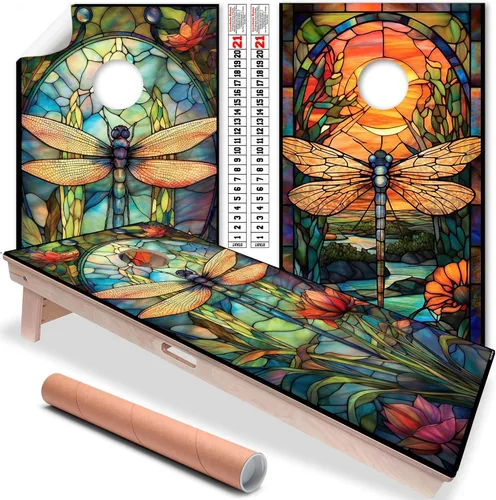 Cornhole Board Wraps and Decals for Boards Set of 2 Skins Professional Vinyl Covers Sticker Colorful Dragonflies Art Cornhole Wraps Stickers