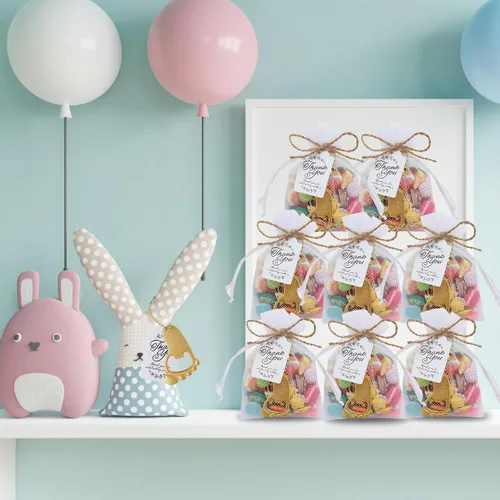 Miniatura 3 de 50 llaveros de huellas de bebé y abrebotellas para fiestas con bolsa de organza (dorado)