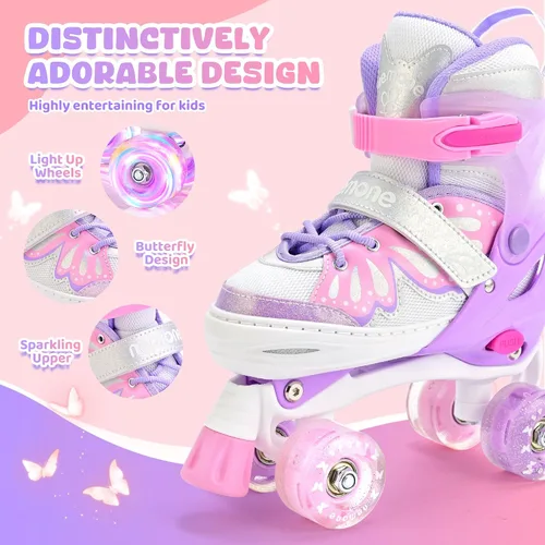 Miniatura 7 de NEMONE - Patines de sirena con ruedas iluminadas y 4 tamaños ajustables para niñas, azul y morado, para niños pequeños, para principiantes, de E