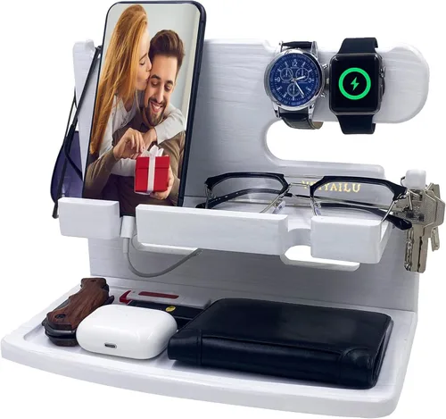 Miniatura 10 de VEIYAILU Regalos para hombres, novio, papá, marido, él, estación de acoplamiento de madera, organizador de mesita de noche para hombres (nogal)