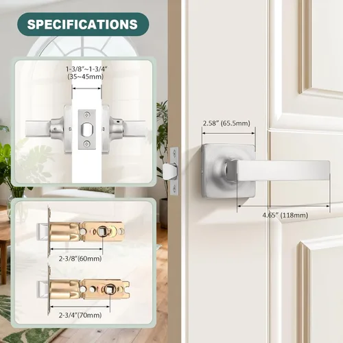 Miniatura 7 de GOBEKOR Paquete de 1 palanca de paso, manijas de puerta rectas de níquel satinado para cerradura de puerta de armario, manija cuadrada de puerta