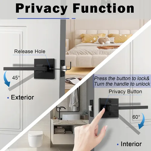 Miniatura 2 de Orger Paquete de 1 Manija de Puerta de Privacidad Negro Mate, Cerradura de Puerta Interior Sin Llave para Dormitorio y Baño, Manija de Puerta