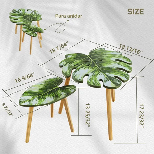 Miniatura 2 de BAMEOS Monstera - Juego de 2 mesas auxiliares pequeñas con patrón de venas de hojas, modernas mesas auxiliares de madera para sala de estar