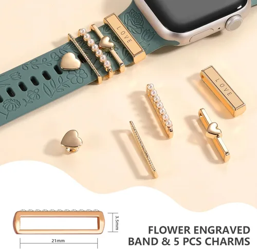 Miniatura 4 de DaQin Banda con Flor Grabada Compatible con Apple Watch, Bandas de 44mm, 42mm, 45mm, 46mm para Mujeres, Correa de Silicona Suave con Decoración