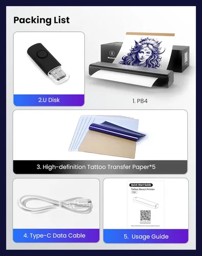 Miniatura 7 de Vretti Impresora de plantillas de tatuaje P84, kit de tatuaje con 5 piezas de papel de transferencia, impresora de tatuaje inalámbrica para artistas