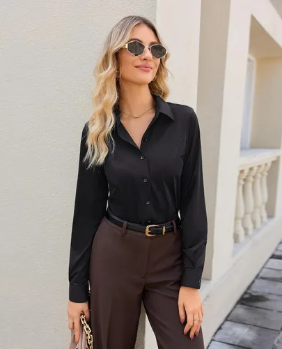 Miniatura 5 de Siliteelon - Camisas de vestir para mujer, manga larga, ajustadas, con botones, elásticas, sin arrugas, con cuello, para negocios, casual, blusa