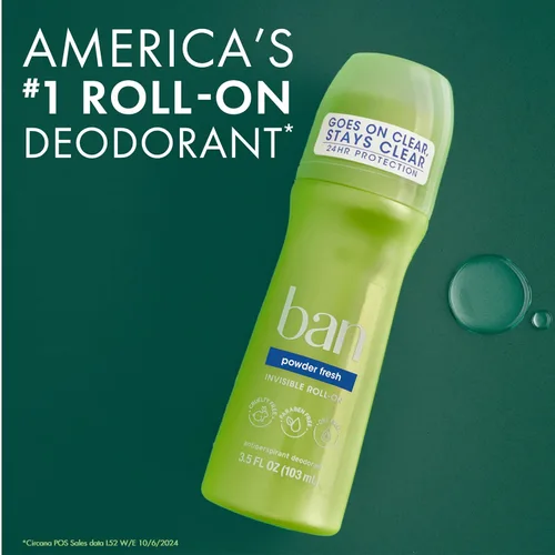 Miniatura 5 de Ban Desodorante Antitranspirante Roll-on Invisible para Mujeres y Hombres, Protección contra Olor y Sudor de Axilas por 24 Horas, Powder Fresh, 3.5