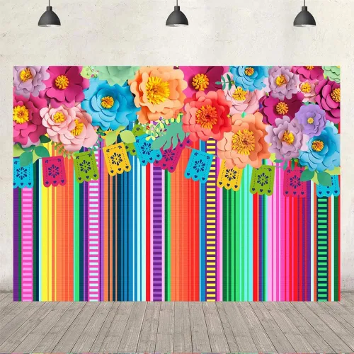 Miniatura 4 de Ticuenicoa Telón de fondo de fiesta mexicana de 6 x 4 pies, fondo de fiesta con diseño de flores de cinco de mayo, para fotos, rayas florales