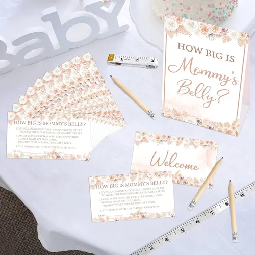 Miniatura 7 de 64 juegos de Guess Baby Shower incluyen How Big is Mommy's Belly Sign 50 tarjetas de adivinanzas, 10 lápices, 3 cintas métricas para medir