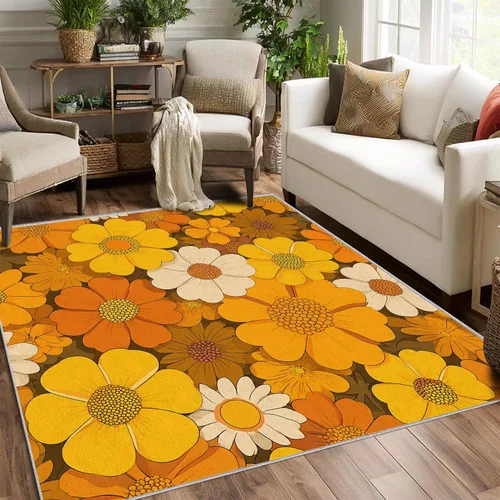 Miniatura 8 de YZO133 - Alfombra retro de los años 70, pequeña, lavable de 2 x 3 pulgadas, para entrada, diseño abstracto de ondas florales, decoración retro