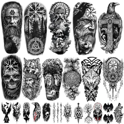 Miniatura 16 de Yazhiji 32 hojas de pegatinas de tatuajes temporales, 8 hojas de tatuajes falsos corporales para brazo, pecho y hombro para hombres y mujeres con 24