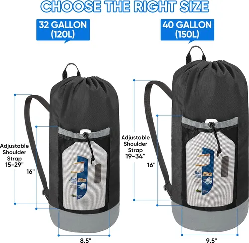 Miniatura 2 de BALEINE Mochila Bolsa de Lavandería de 120L, Tela Oxford 900D Bolsas Grandes de Lavandería de Viaje con Correas para el Hombro y 2 Bolsillos de Negro