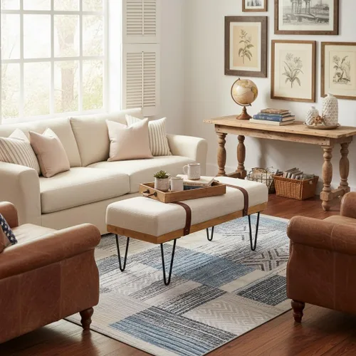 Miniatura 3 de DUOMAY Banco otomano rectangular de lino moderno industrial con correa de poliuretano y patas de metal, mesa de comedor de mediados de siglo, Beige
