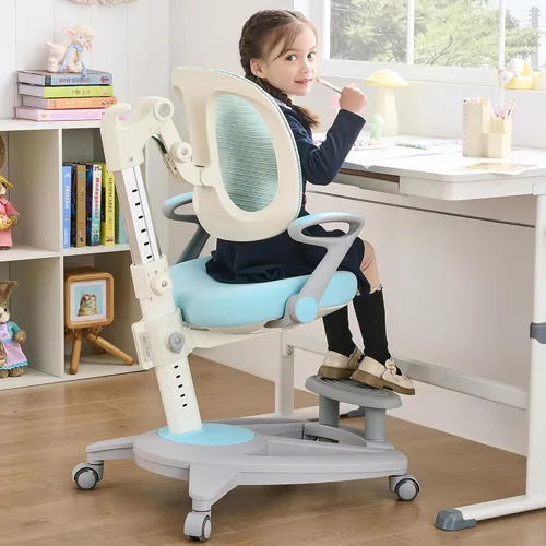 Silla de escritorio ergonómica para niños con reposapiés y asiento ajustable en altura, multifuncional para estudio, trabajo y comedor, cojín cómodo