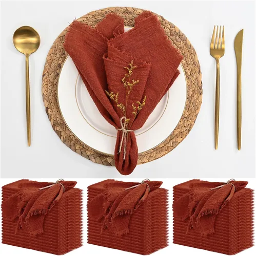Miniatura 33 de Paquete de 12 servilletas de lino y algodón beige de 16 x 16 pulgadas, hechas a mano con flecos, servilletas de tela suave, lavables y rústicas