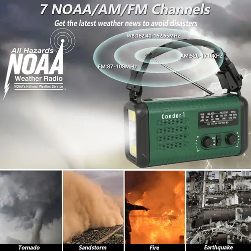 Miniatura 3 de Radio meteorológica de emergencia (Condor 1) NOAA/AM/FM con radio portátil de 74000 mWh, carga USB-C/solar/manivela, alarma SOS, linterna, lámpara