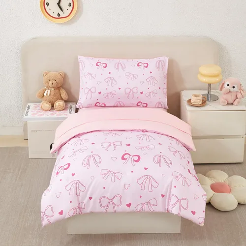 Miniatura 18 de URBONUR Juego de ropa de cama de 4 piezas para niños pequeños - Juego de edredón ultra suave con dibujos animados de animales del zoológico rosa