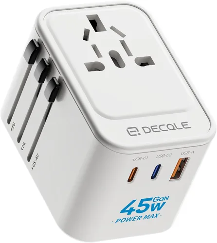 Adaptador de viaje universal, adaptador de enchufe de viaje internacional con 2 puertos USB-C (GaN 45W) y 1 puerto USB-A, adaptador portátil todo en