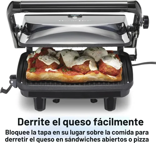 Miniatura 5 de Hamilton Beach Parrilla eléctrica Panini Press con tapa de bloqueo, se abre 180 grados para cualquier grosor de sándwich (25460A) Rejillas Acabado