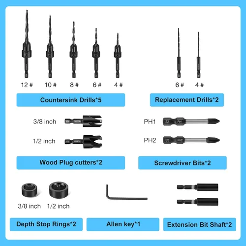 Miniatura 2 de FACAINCXS Juego de brocas avellanadas para madera, 16 piezas de acero de alta velocidad para carpintería, brocas cónicas para contador de fregadero
