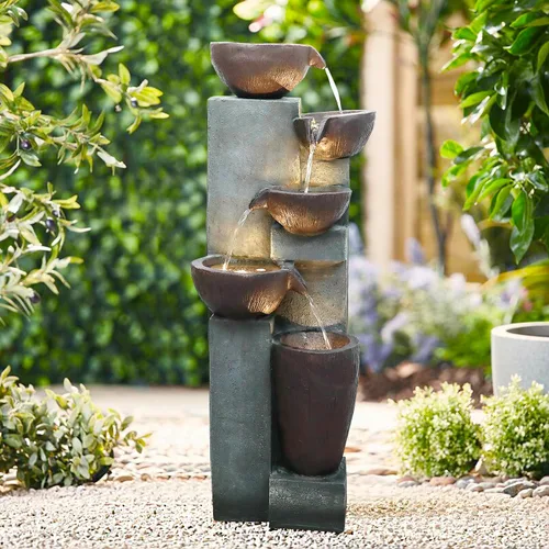 Miniatura 10 de Fuente de agua para exteriores de 6 niveles de 56.6 pulgadas de alto con luces LED, tarros en cascada con diseño inspirado en tribales para jardín