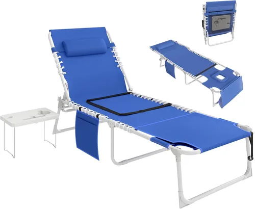 Miniatura 15 de Outsunny Silla bronceadora con agujero frontal, mesa auxiliar, sillón reclinable plegable de 5 posiciones, tumbona reclinable, correas de transporte