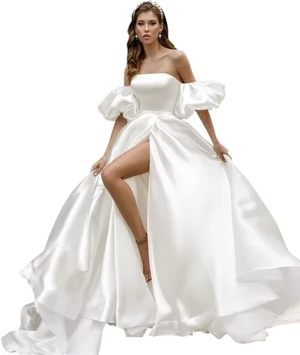 Miniatura 2 de Fanciest Vestidos de fiesta de satén de manga hinchada 2024 con abertura, vestidos largos de baile para mujer, vestidos de noche formales