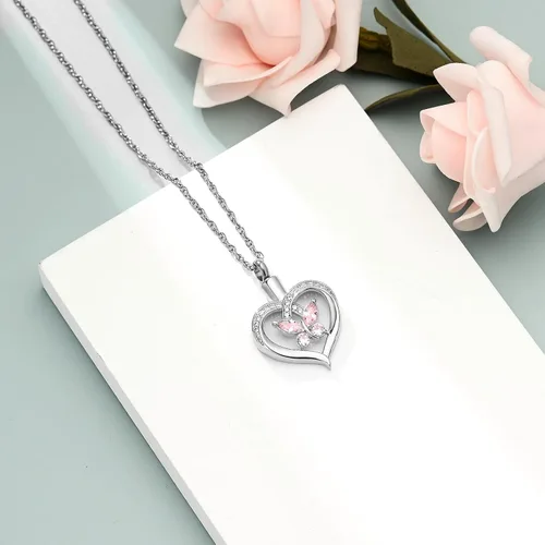 Miniatura 41 de Imrsanl Collares de urna de mariposa para mujeres y niñas, joyería de cremación con piedra natal, colgante para cenizas humanas, medallón