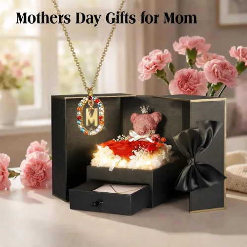 Miniatura 3 de Bonito regalo de oso de rosas reales preservadas con collares iniciales chapados en oro de 18 quilates para mujeres, día de la madre, cumpleaños