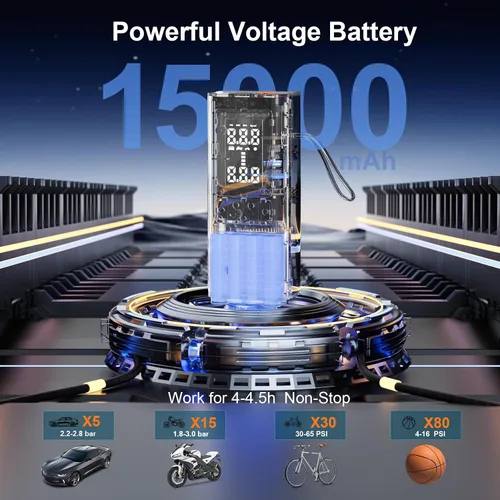 Miniatura 3 de Compresor de aire portátil para inflador de neumáticos, compresor de aire de 150 PSI con medidor de presión de neumáticos, 15000 mAh y bomba de aire