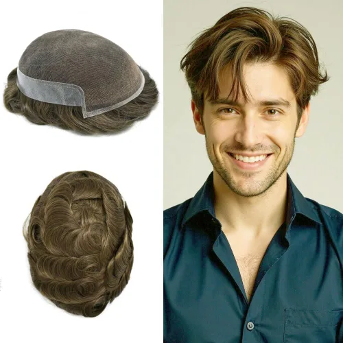 Miniatura 96 de LYRICAL HAIR Sistema de cabello humano con encaje frontal francés para hombres, tupé de piel de polietileno para hombres, línea capilar natural