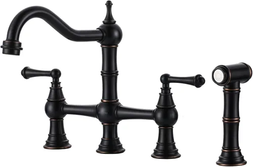 Miniatura 19 de Grifo de Cocina de Puente con Rociador Lateral, WOWOW Grifo de Cocina de Latón Macizo para Fregadero de 4 Agujeros Bronce Antiguo Grifo de Fregadero