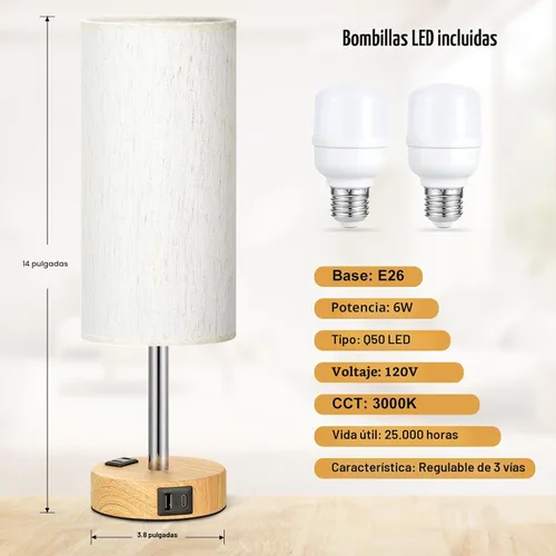 Miniatura 4 de Fenmzee Juego de lámparas de mesa pequeñas táctiles regulables de 2 a 3 vías, carga USB A + C, salida de CA, base de grano de madera, bombillas
