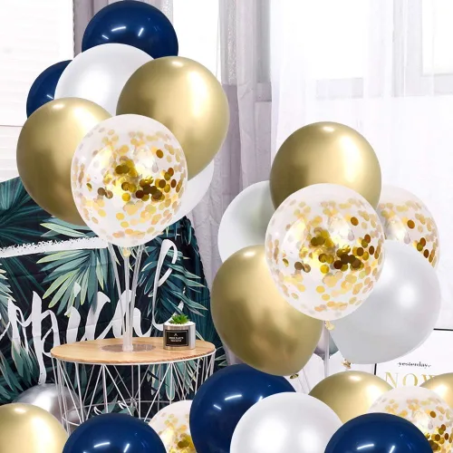 Miniatura 5 de Globos de confeti azul marino y dorados, 50 unidades de 12 pulgadas, globos de cumpleaños de perla blanca y dorados metálicos cromados