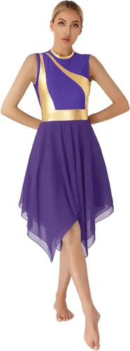 Miniatura 2 de Women's Asymmetrical Praise Dance Costume Sleeveless Color Block Lyrical Modern Dance Dress