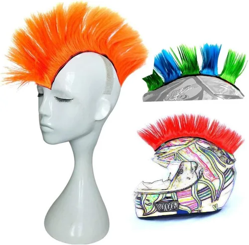 Miniatura 7 de Cresta estilo mohicano con adhesivo para casco de motocicleta, bicicleta, esquí, snowboard. Incluye peluca estilo mohicano para trajes de skinhead