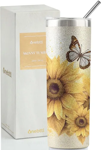 Onebttl Regalos de mariposa de girasol para los amantes del girasol, vasos aislados de acero inoxidable de 20 onzas con tapas y pajitas, regalo