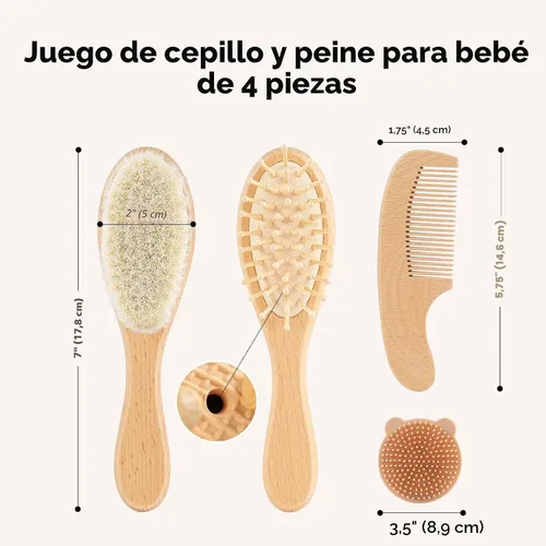 Miniatura 7 de Yoofoss Juego de 4 piezas de cepillo y peine para bebé, cepillo de madera para bebé con pelo de cabra ultra suave natural, cepillo de pelo para bebé