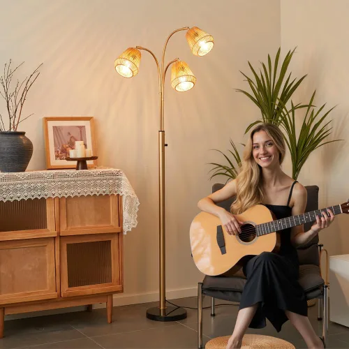 Miniatura 8 de Lámpara de pie dorada de ratán para sala de estar, lámpara de pie boho de 72 pulgadas de alto con interruptor giratorio, lámpara de arco de 3 luces